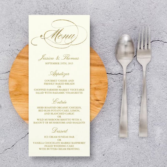 Chic Faux Gold Foil Wedding Menu Template (Creator Uploaded)