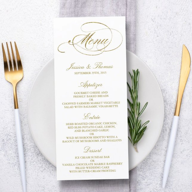 Chic Faux Gold Foil Wedding Menu Template (Creator Uploaded)