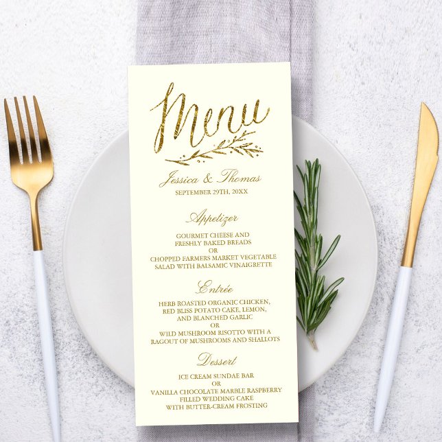 Chic Faux Gold Foil Wedding Menu Template - Ivory (Creator Uploaded)