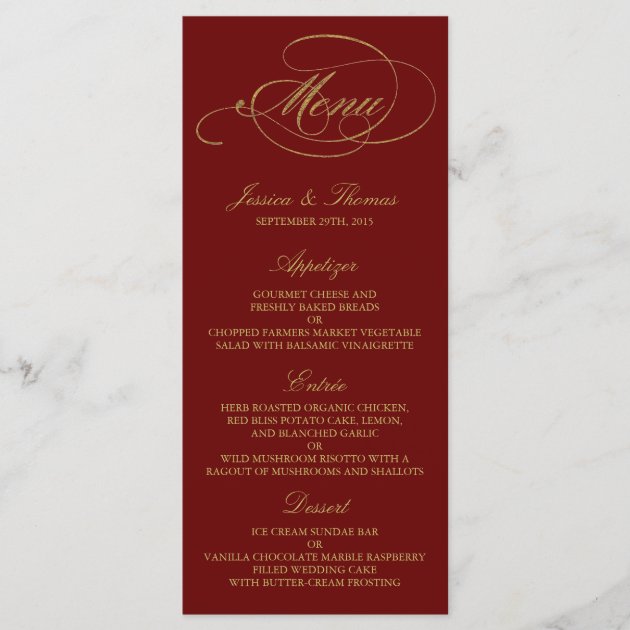 Chic Faux Gold Foil Wedding Menu Template - Red
