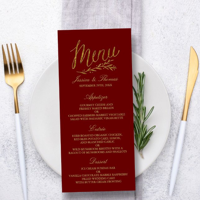 Chic Faux Gold Foil Wedding Menu Template - Red (Creator Uploaded)
