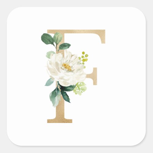 Chic Faux Gold Foil White Flower Letter F Monogram Square Sticker