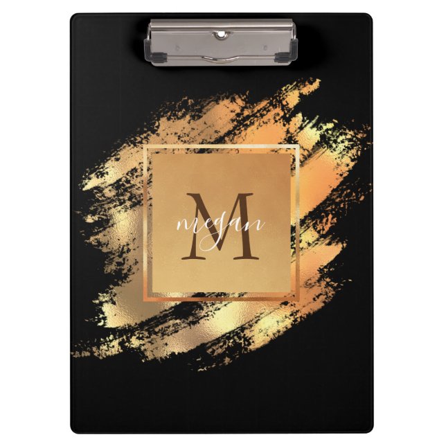 Chic Faux Gold Glam Brushstroke Monogrammed Clipboard (Front)