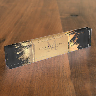Chic Faux Gold Glam Brushstroke Monogrammed Desk Name Plate