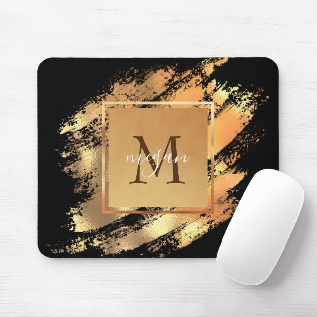 Chic Faux Gold Glam Brushstroke Monogrammed Mouse Pad (With Mouse)