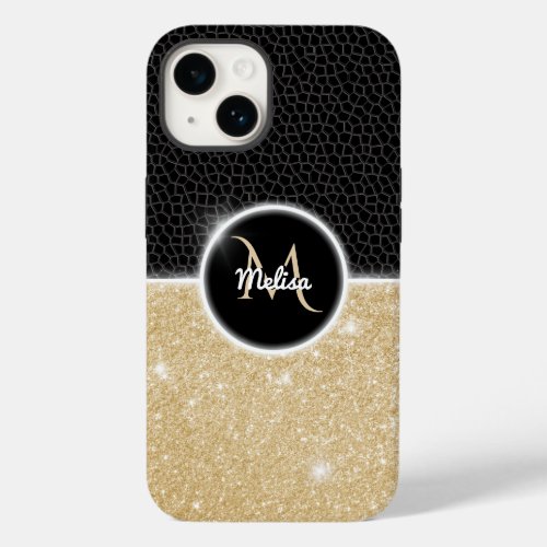 Chic faux Gold Glitter Black Leather Monogram Case_Mate iPhone 14 Case
