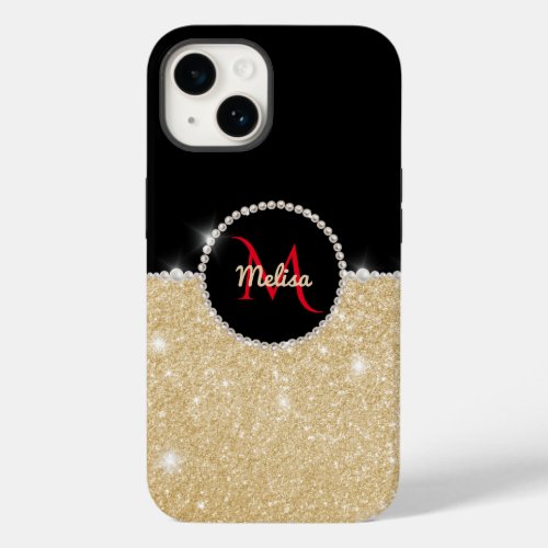 Chic faux Gold Glitter Black  Pearl Monogram  Case_Mate iPhone 14 Case