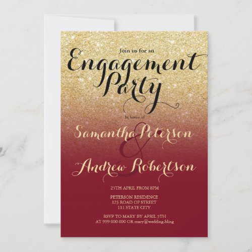 Chic faux gold glitter burgundy engagement party invitation