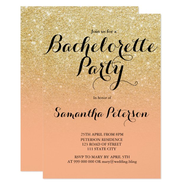 Chic Faux Gold Glitter Coral Bachelorette Party Invitation