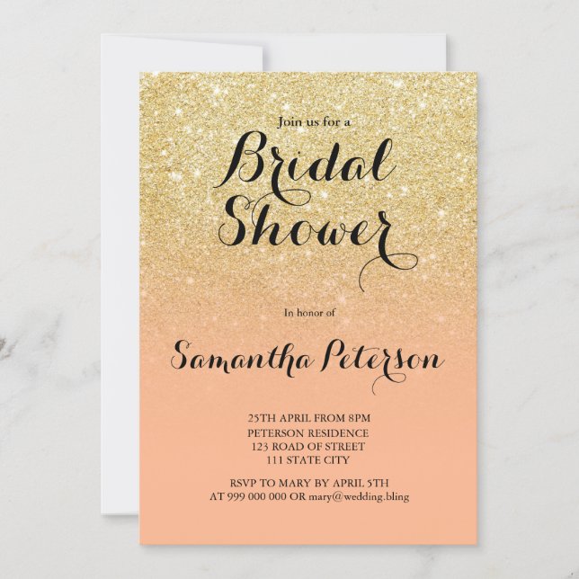 Chic faux gold glitter coral bridal shower invitation (Front)