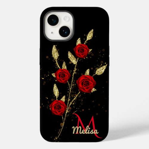 Chic faux Gold Glitter Leaves Red Rose monogram Ca Case_Mate iPhone 14 Case