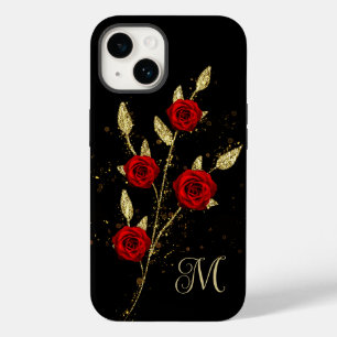 Chic faux Gold Glitter Leaves Red Rose monogram Case-Mate iPhone 14 Case