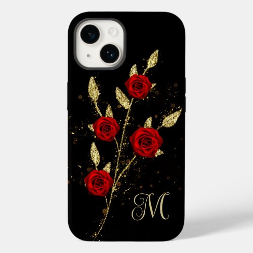 Chic faux Gold Glitter Leaves Red Rose monogram Case_Mate iPhone 14 Case