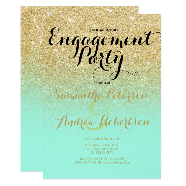 Chic Faux Gold Glitter Mint Green Engagement Party Invitation
