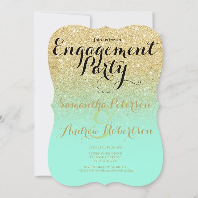 Chic faux gold glitter mint green engagement party invitation (Front)