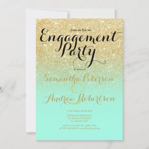 Chic faux gold glitter mint green engagement party invitation