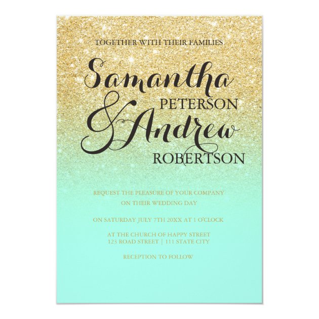 Chic Faux Gold Glitter Mint Green Wedding Invitation