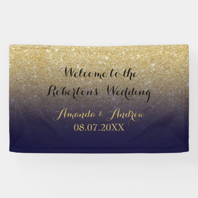 Chic faux gold glitter navy blue wedding banner (Horizontal)