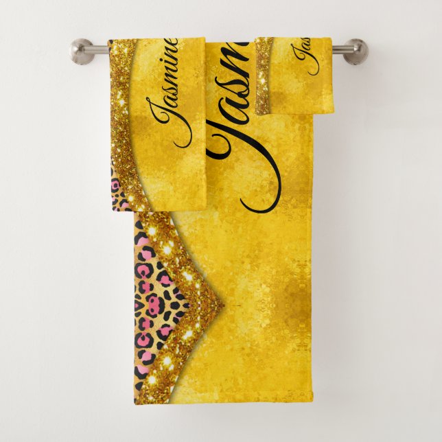 Chic faux gold glitter pink animal print Monogram Bath Towel Set (Insitu)