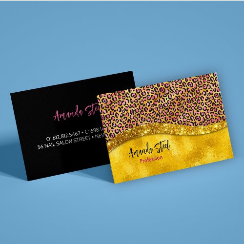 Chic faux gold glitter pink animal print Monogram Business Card