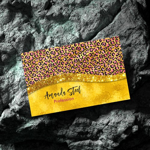 Chic faux gold glitter pink animal print Monogram Business Card Magnet