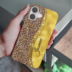 Chic faux gold glitter pink animal print Monogram iPhone 16 Case