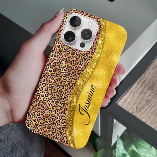 Chic faux gold glitter pink animal print Monogram Case-Mate iPhone Case (Creator Uploaded)