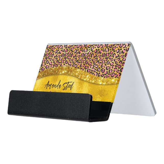 Chic faux gold glitter pink animal print Monogram Desk Business Card Holder (Angled Front)