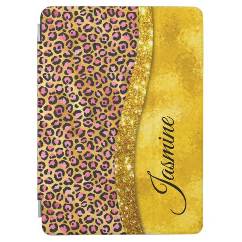 Chic faux gold glitter pink animal print Monogram iPad Air Cover