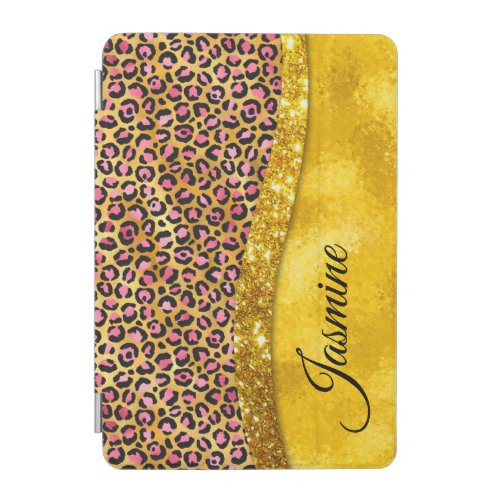Chic faux gold glitter pink animal print Monogram  iPad Mini Cover