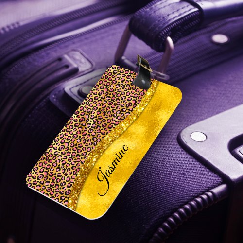 Chic faux gold glitter pink animal print Monogram Luggage Tag