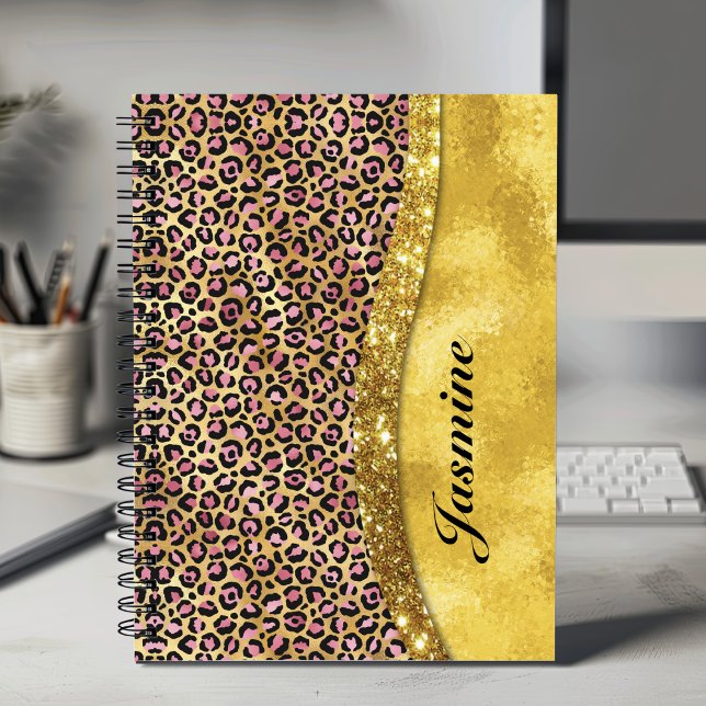 Chic faux gold glitter pink animal print Monogram Notebook (Creator Uploaded)