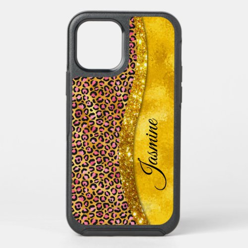 Chic faux gold glitter pink animal print Monogram OtterBox Symmetry iPhone 12 Pro Case