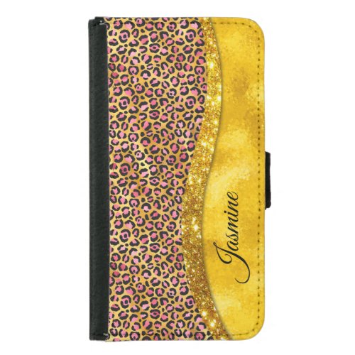 Chic faux gold glitter pink animal print Monogram  Samsung Galaxy S5 Wallet Case