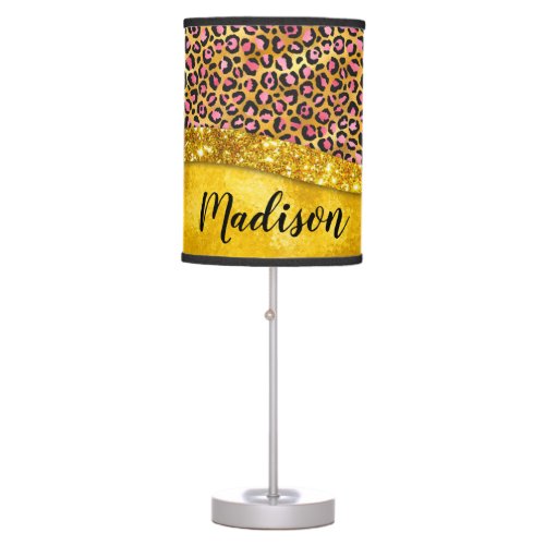 Chic faux gold glitter pink animal print Monogram Table Lamp