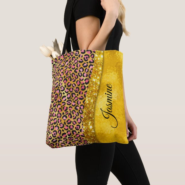 Chic faux gold glitter pink animal print Monogram Tote Bag (Close Up)
