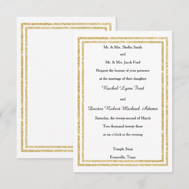 Chic Faux Gold Glittered Trim - 3x5 Wedding Invite (Front/Back)