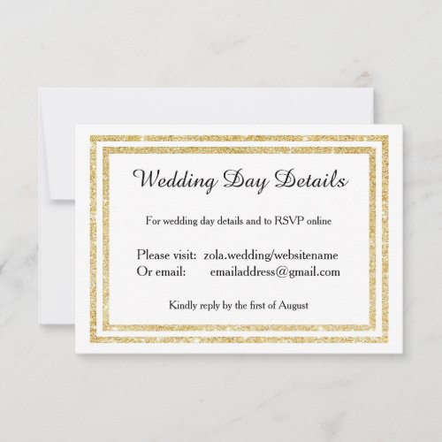 Chic Faux Gold Glittered Trim _Wedding Day Details RSVP Card