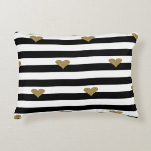 Chic Faux Gold Glittery Hearts Black White Stripes Accent Pillow