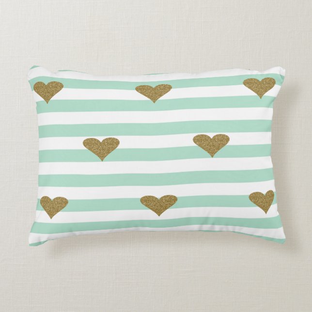 Chic Faux Gold Glittery Hearts Mint Green  Stripes Accent Pillow (Front)