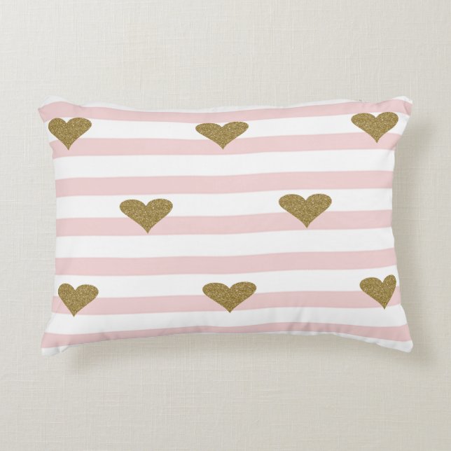 Chic Faux Gold Glittery Hearts Pink  Stripes Accent Pillow (Front)