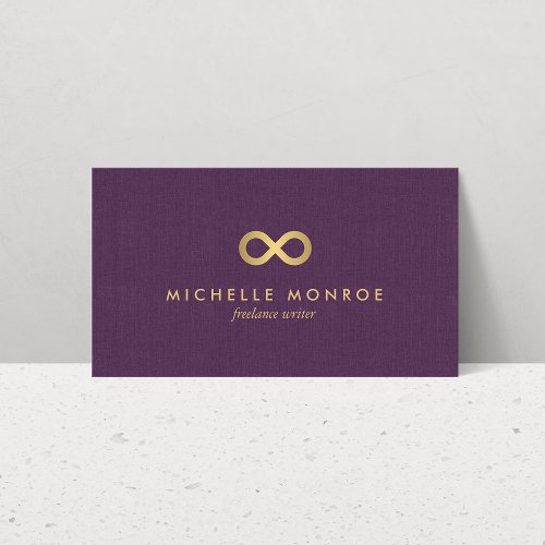 Chic Faux Gold Infinity Symbol on Purple Linen Business Card