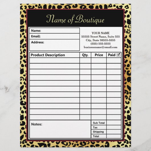 Chic FAUX Gold Leopard Print Boutique Order Form (Front)