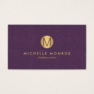 Chic Faux Gold Minimalist Monogram Purple Linen Business Card