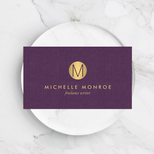 Customizable Chic Faux Gold Minimalist Monogram Purple Linen Business Card