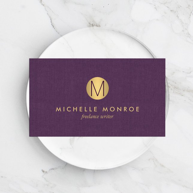 Chic Faux Gold Minimalist Monogram Purple Linen Business Card (Creator Uploaded)