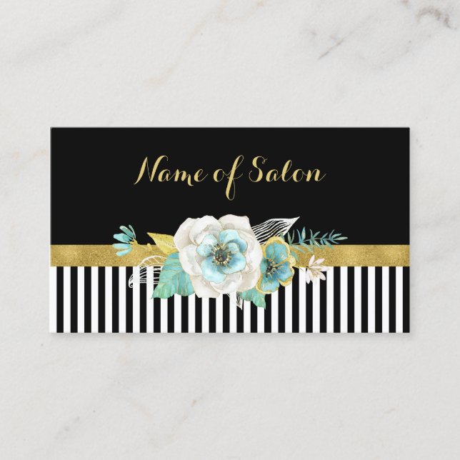 Chic Faux Gold Mint Flowers Black Stripes Salon Business Card (Front)