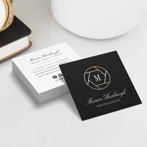 Chic Faux Gold Photographer Monogram Logo Square Business Card