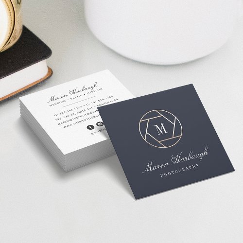 Chic Faux Gold Photographer Monogram Logo Square Business Card