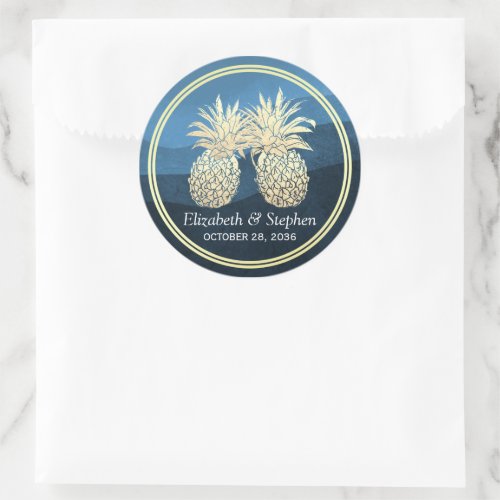 Chic Faux Gold Pineapple Couple Blue Wave Wedding Classic Round Sticker
